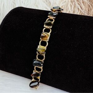 Vintage goldtone link square shaped tiger's eye beaded bracelet